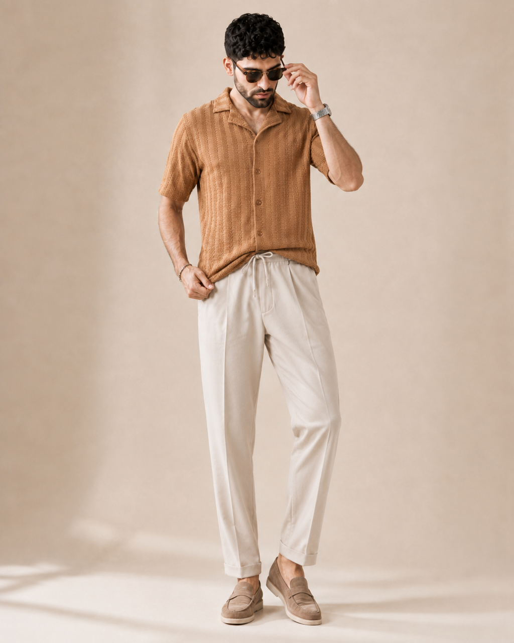Weekend Invite — Caramel Textured Shirt & Off-White Relaxed Trousers