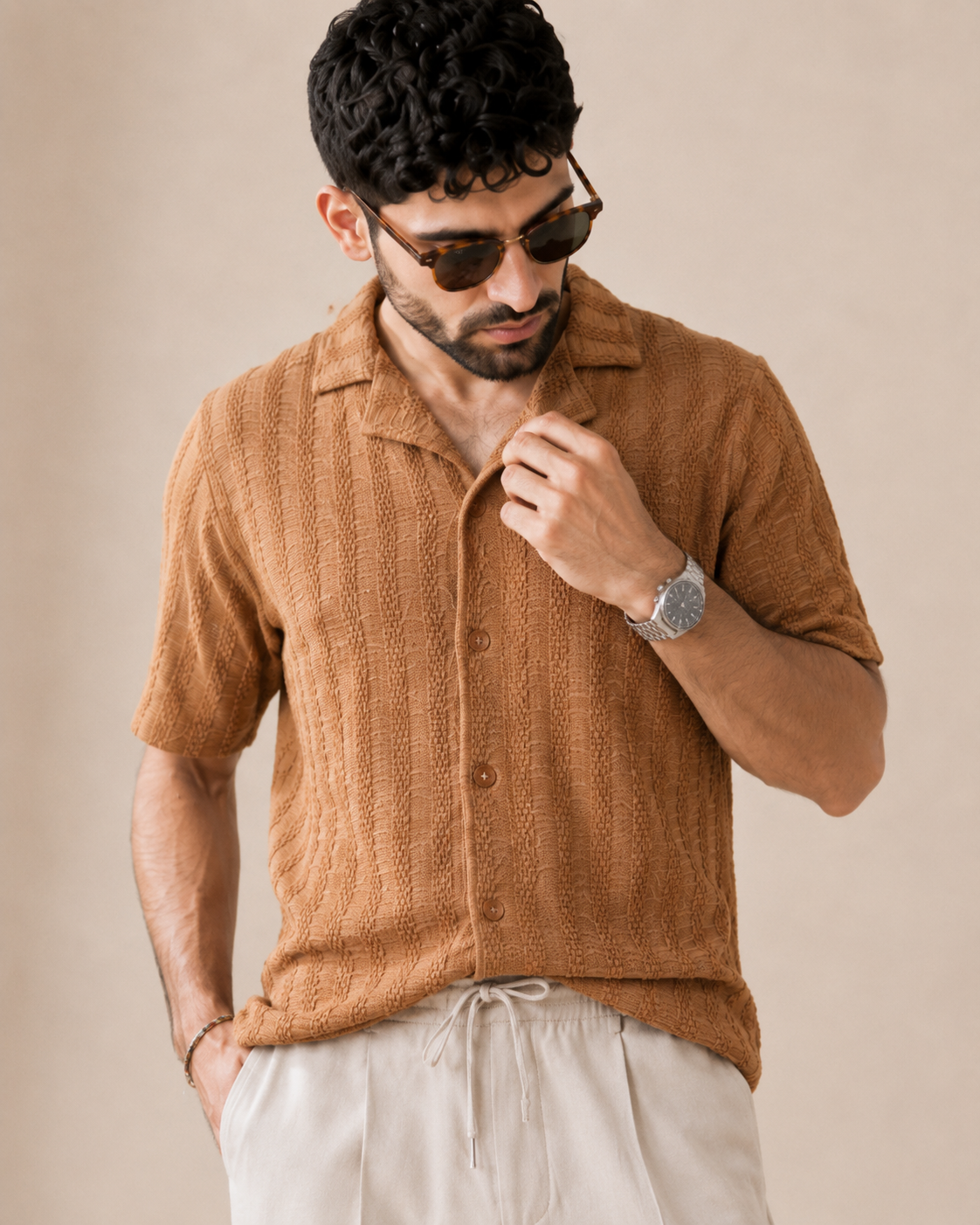 Weekend Invite — Caramel Textured Shirt & Off-White Relaxed Trousers