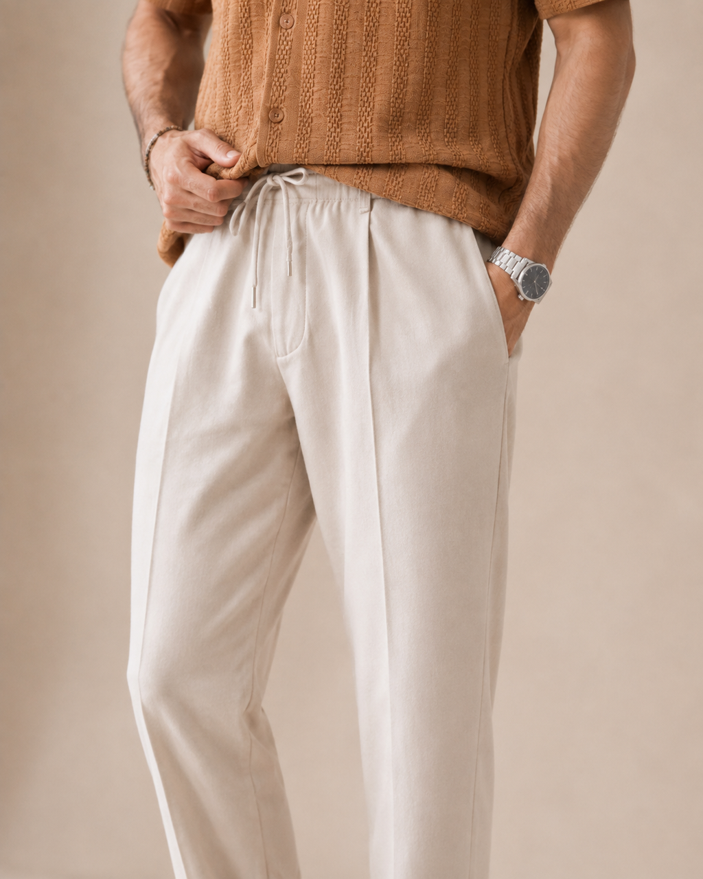 Weekend Invite — Caramel Textured Shirt & Off-White Relaxed Trousers