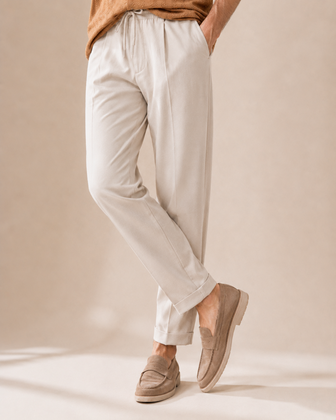 Weekend Invite — Caramel Textured Shirt & Off-White Relaxed Trousers