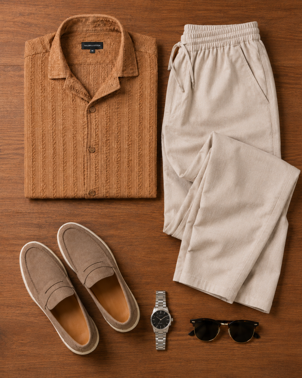 Weekend Invite — Caramel Textured Shirt & Off-White Relaxed Trousers