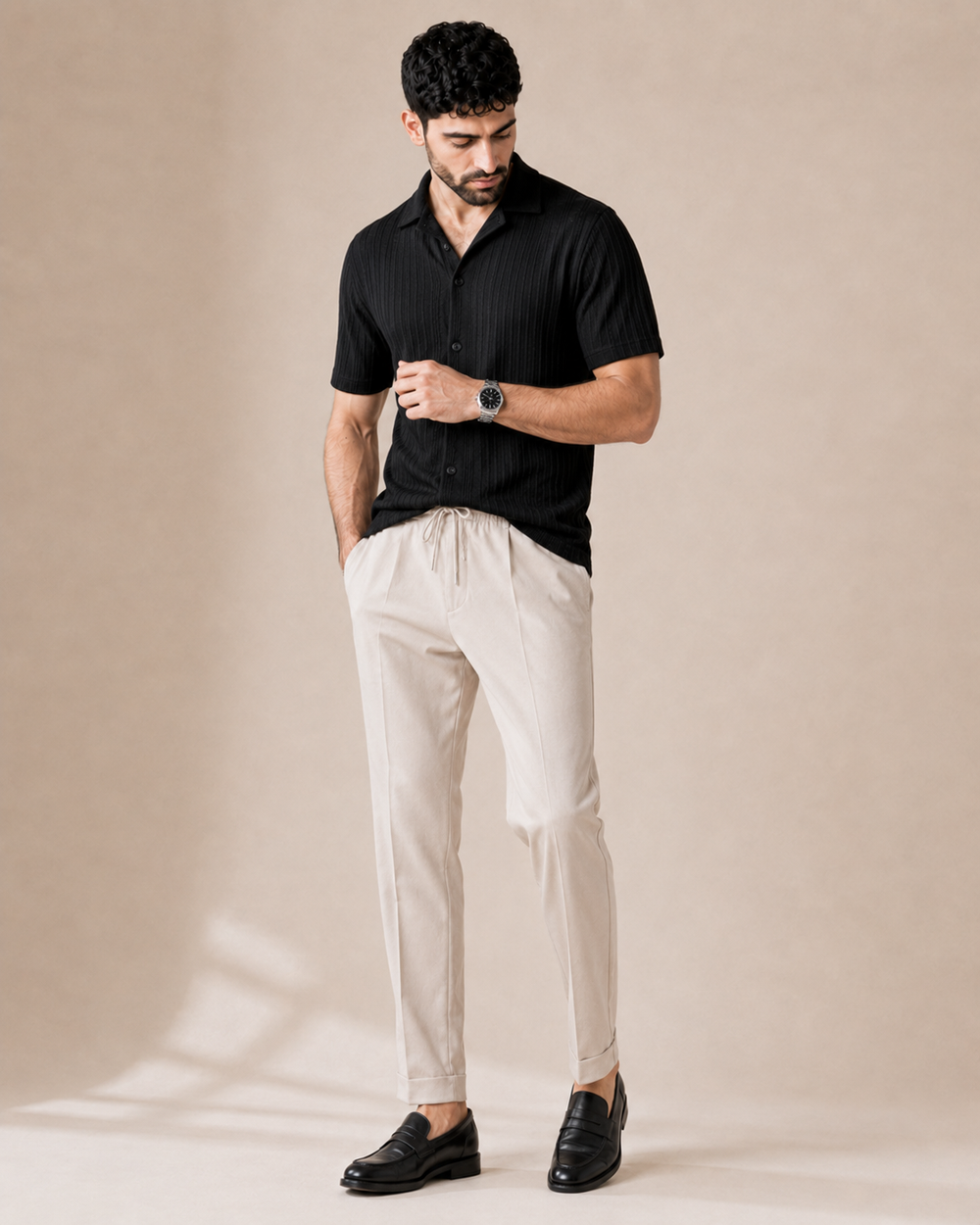 Saturday Night - Black Textured Shirt & Off-White Relaxed Trousers