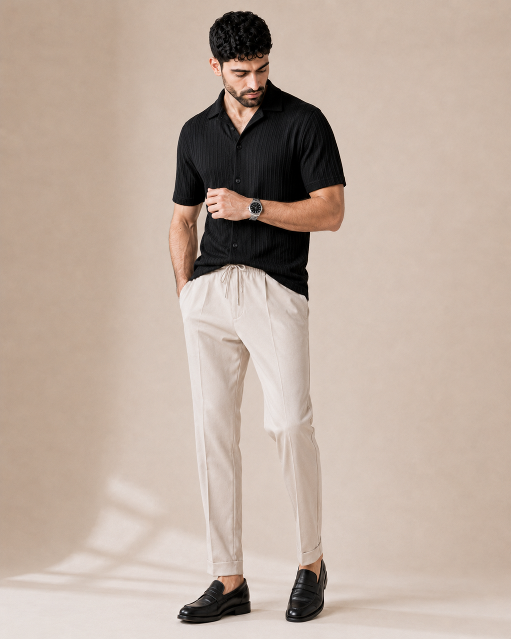 Saturday Night — Black Textured Shirt & Off-White Relaxed Trousers