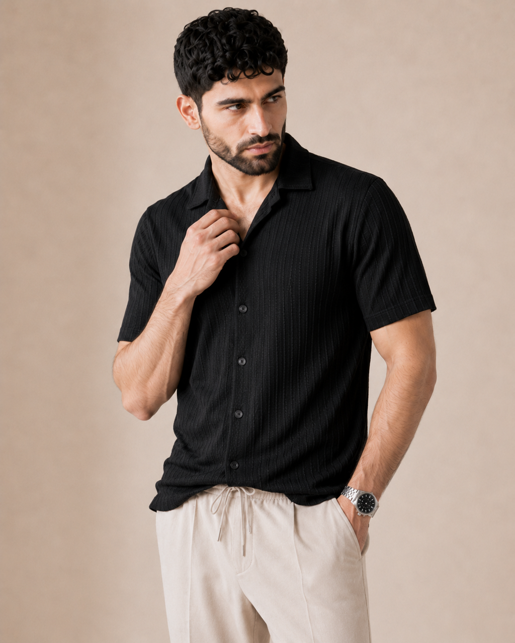 Saturday Night — Black Textured Shirt & Off-White Relaxed Trousers