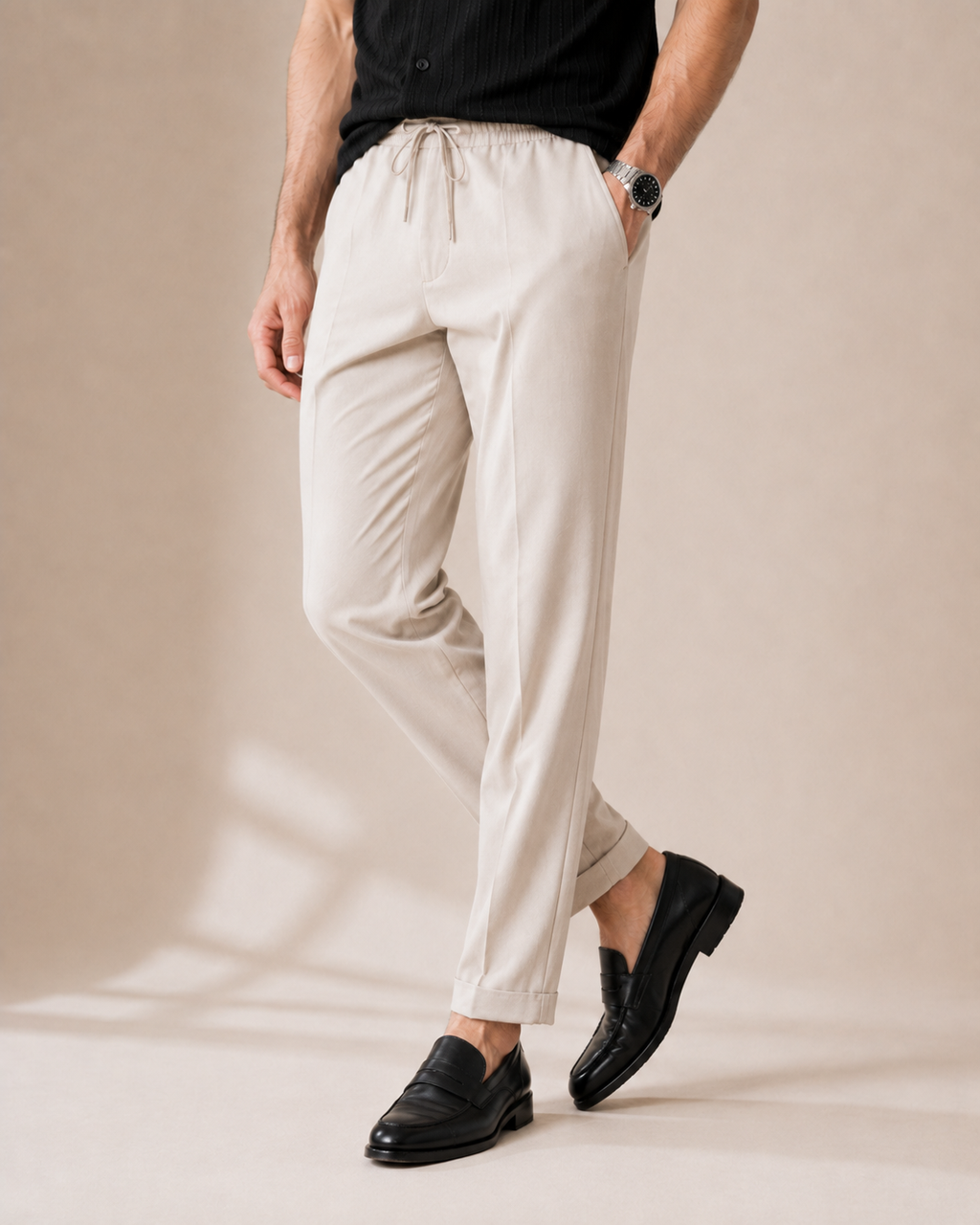 Saturday Night — Black Textured Shirt & Off-White Relaxed Trousers
