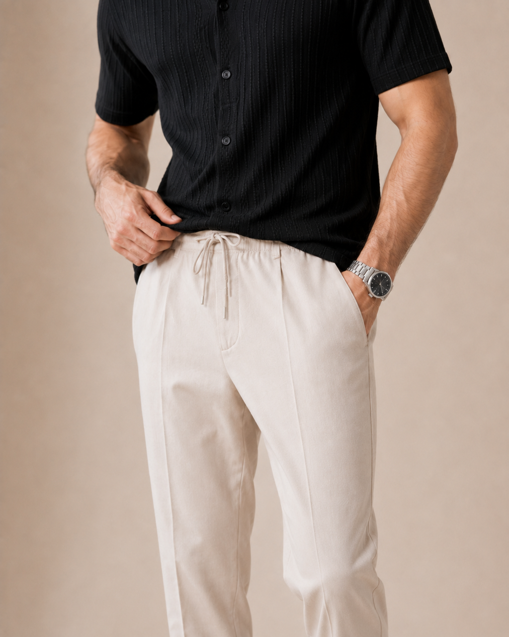 Saturday Night — Black Textured Shirt & Off-White Relaxed Trousers