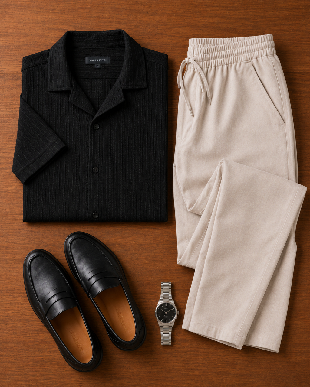 Saturday Night — Black Textured Shirt & Off-White Relaxed Trousers