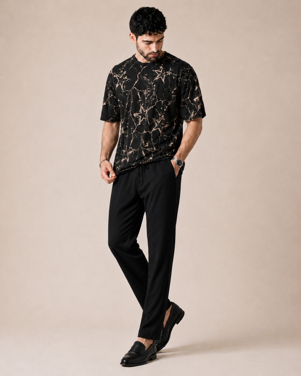 Night Drive — Black Abstract T-Shirt & Black Relaxed Trousers