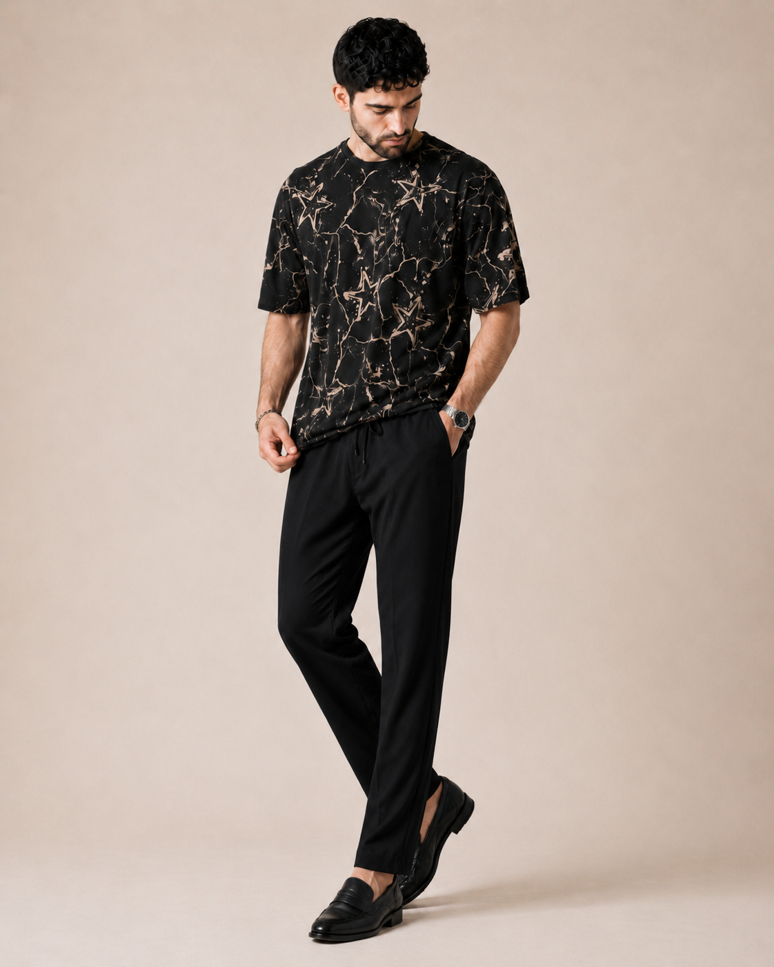 Night Drive — Black Abstract T-Shirt & Black Relaxed Trousers