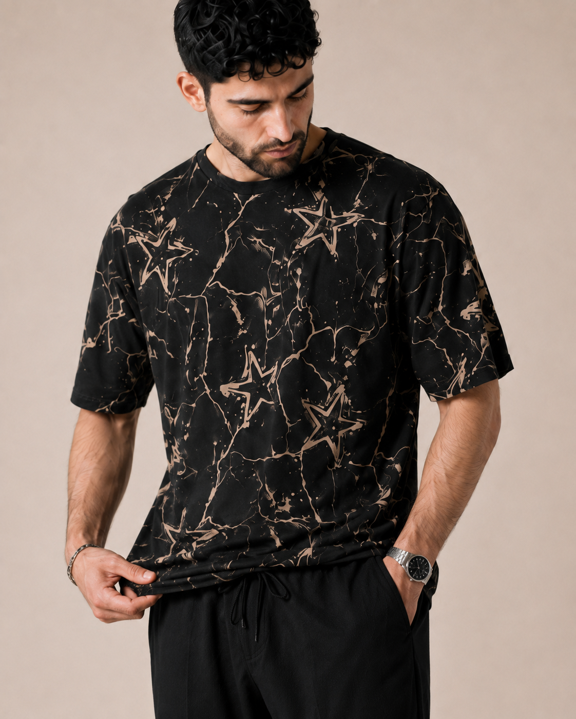 Night Drive — Black Abstract T-Shirt & Black Relaxed Trousers
