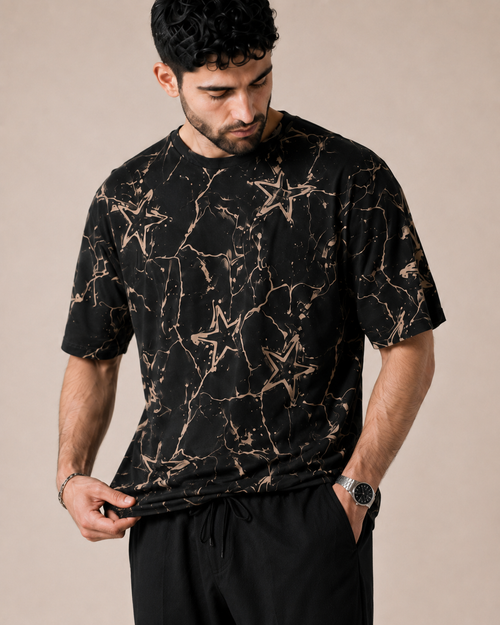 Night Drive — Black Abstract T-Shirt & Black Relaxed Trousers