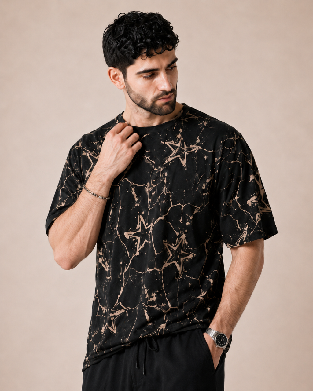 Night Drive — Black Abstract T-Shirt & Black Relaxed Trousers