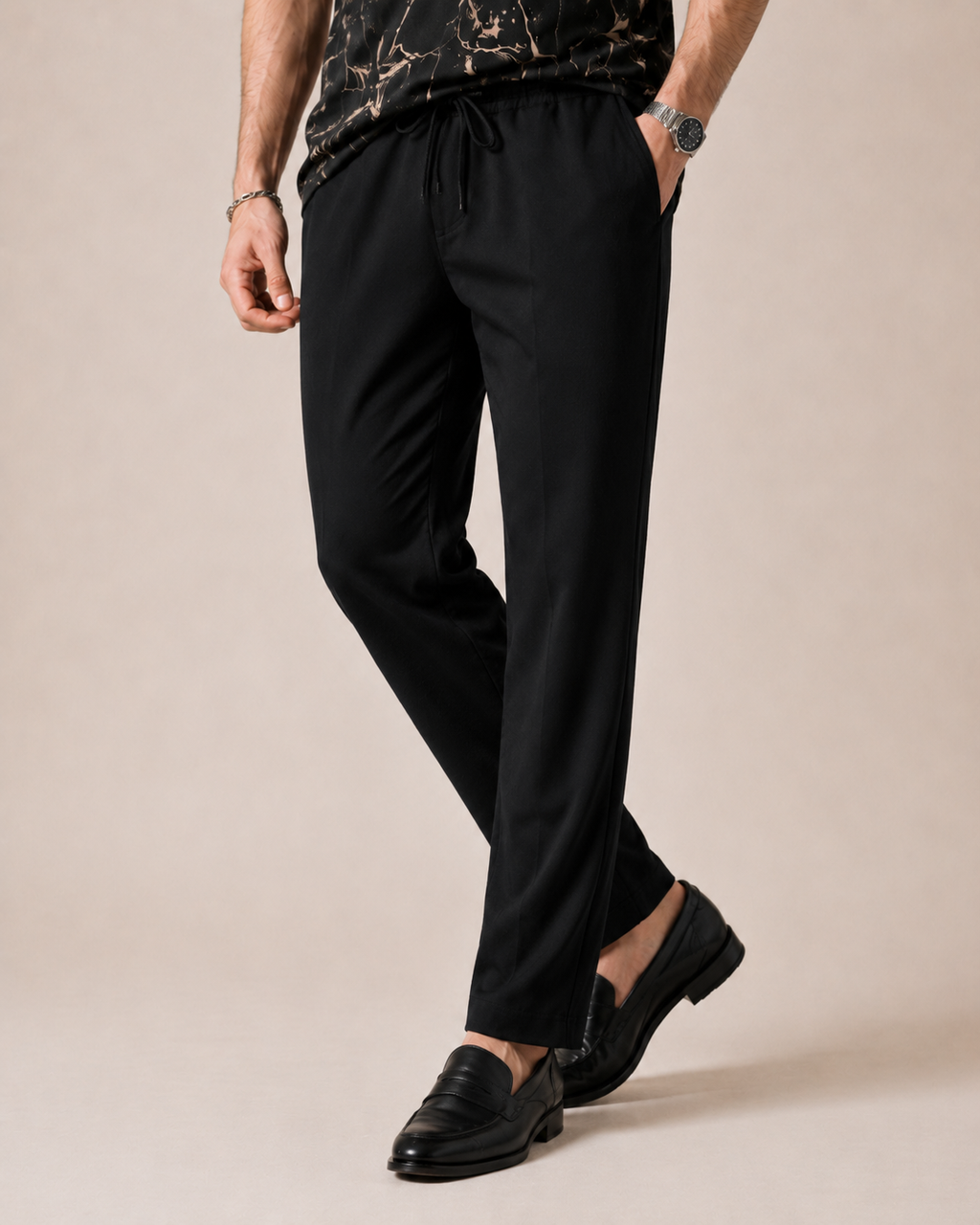 Night Drive — Black Abstract T-Shirt & Black Relaxed Trousers