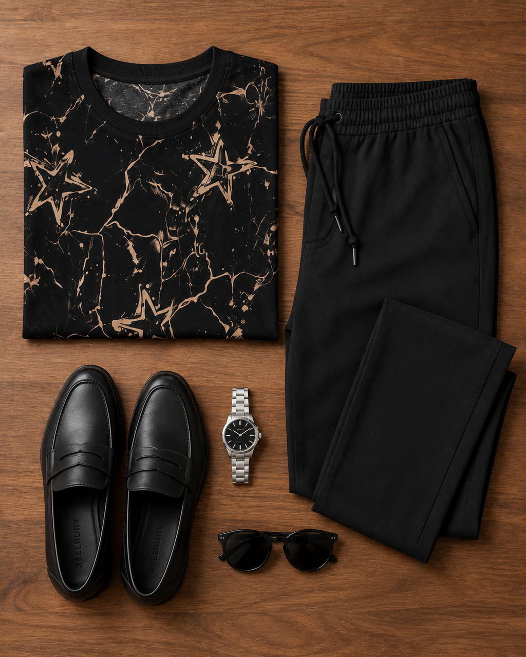 Night Drive — Black Abstract T-Shirt & Black Relaxed Trousers