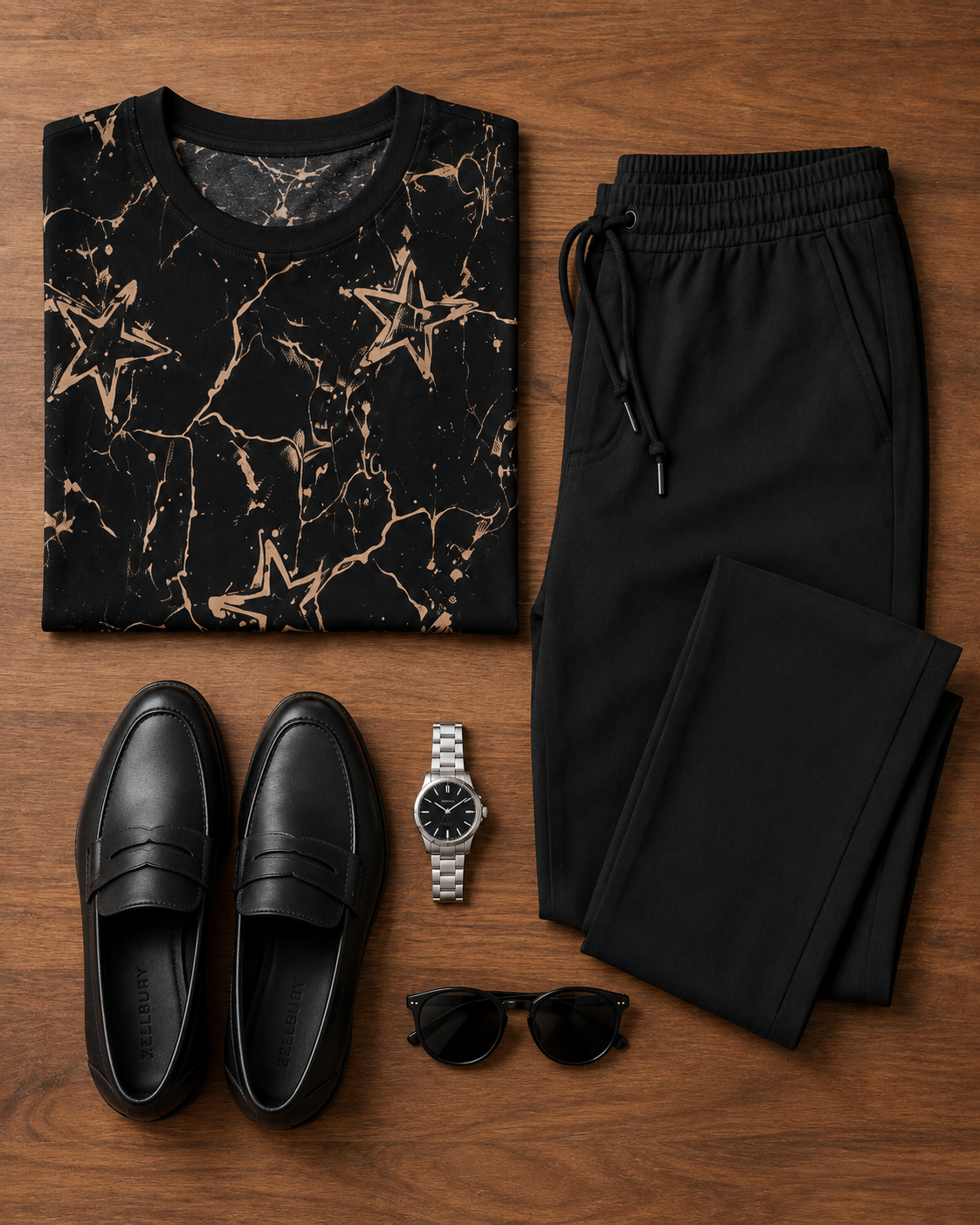 Night Drive — Black Abstract T-Shirt & Black Relaxed Trousers