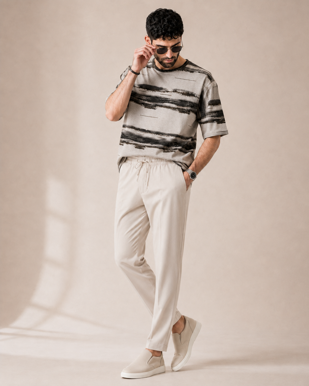 Sunday Drive — Abstract Grey T-Shirt & Off-White Relaxed Trousers