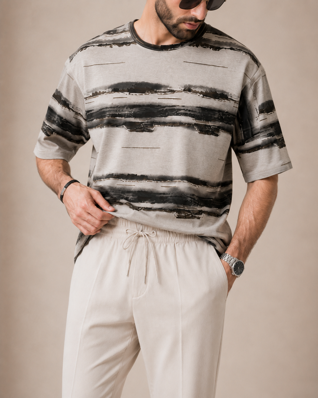 Sunday Drive — Abstract Grey T-Shirt & Off-White Relaxed Trousers