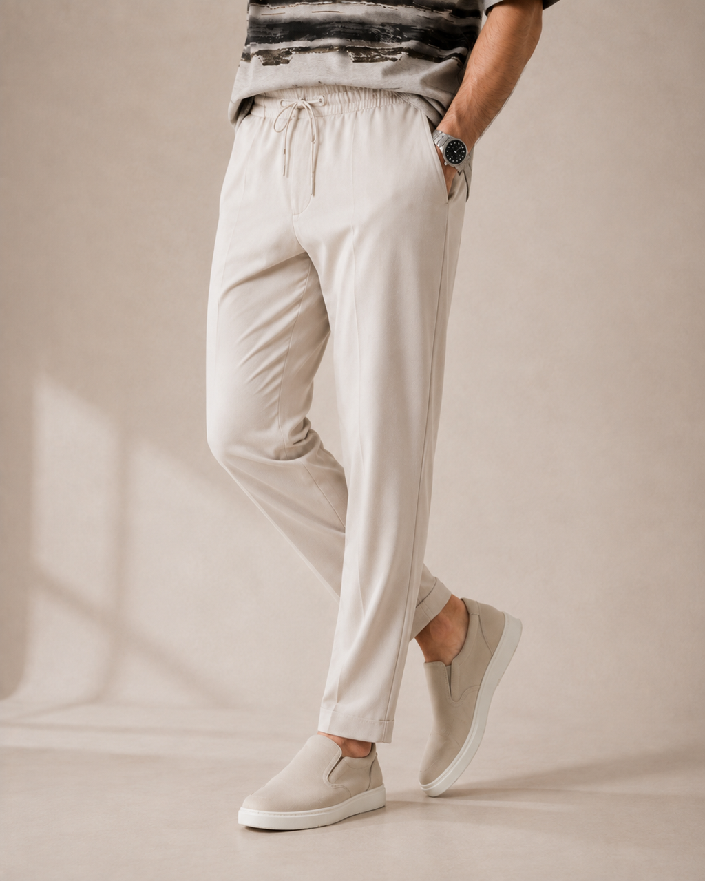 Sunday Drive — Abstract Grey T-Shirt & Off-White Relaxed Trousers