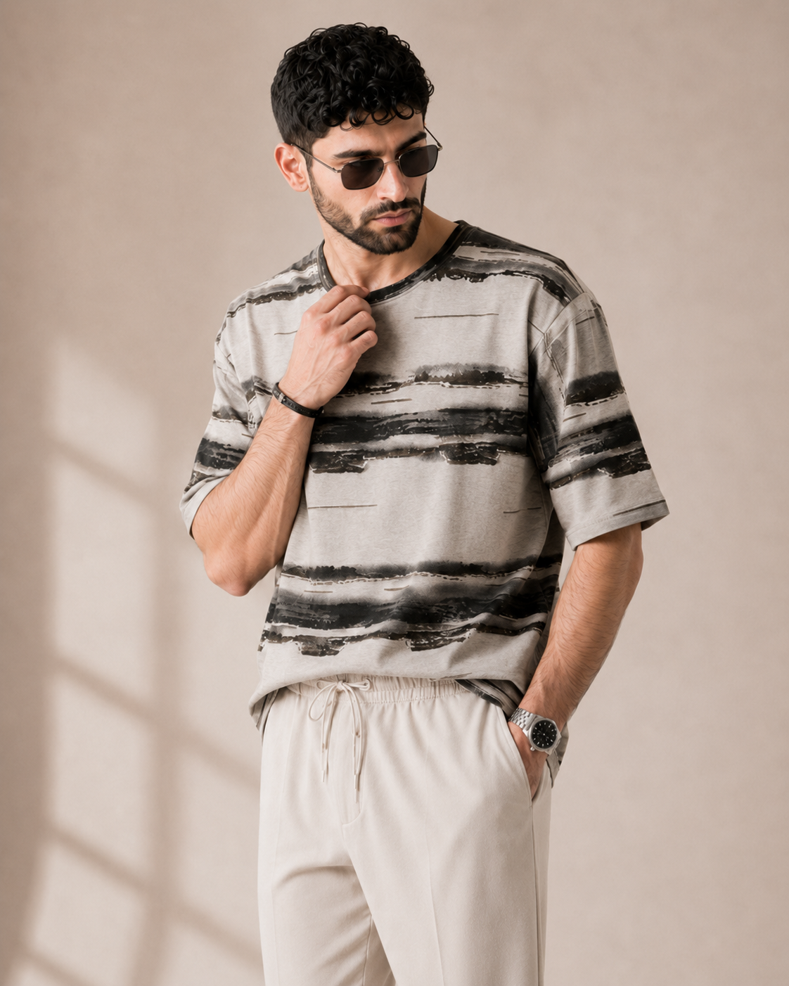 Sunday Drive — Abstract Grey T-Shirt & Off-White Relaxed Trousers