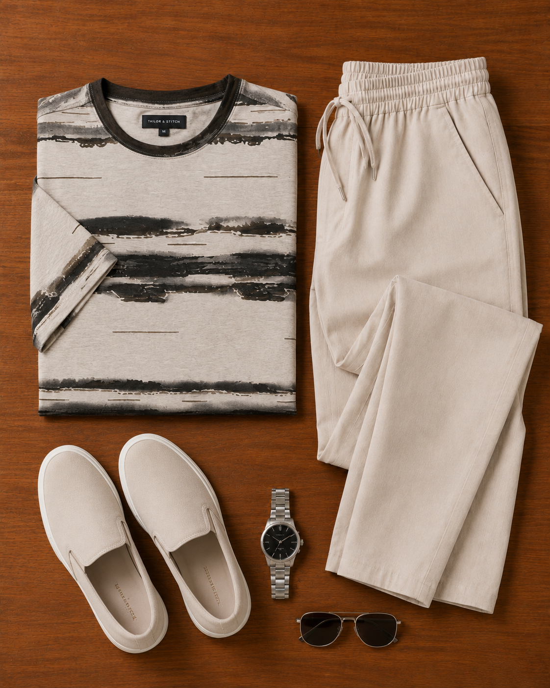 Sunday Drive — Abstract Grey T-Shirt & Off-White Relaxed Trousers