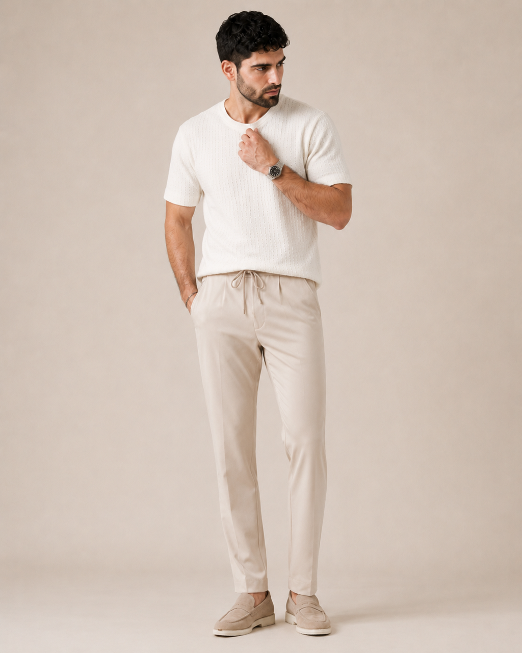 Soft Hours — White Textured T-Shirt & Beige Relaxed Trousers