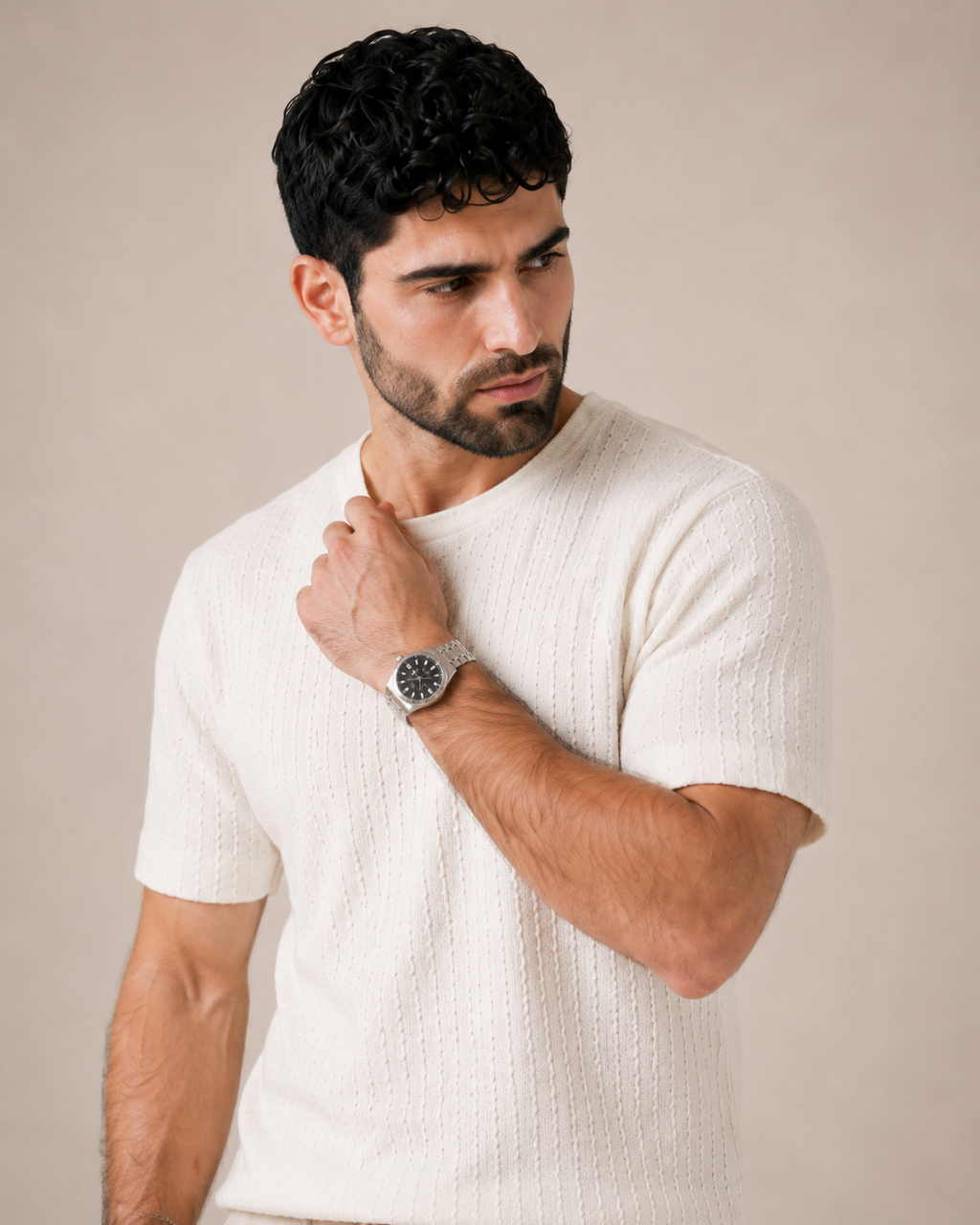 Soft Hours — White Textured T-Shirt & Beige Relaxed Trousers