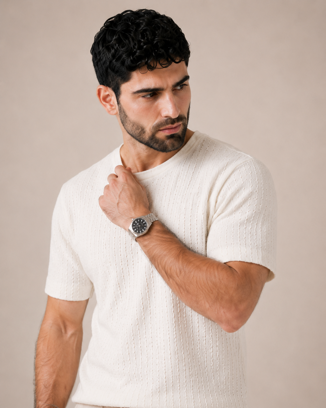 Soft Hours — White Textured T-Shirt & Beige Relaxed Trousers