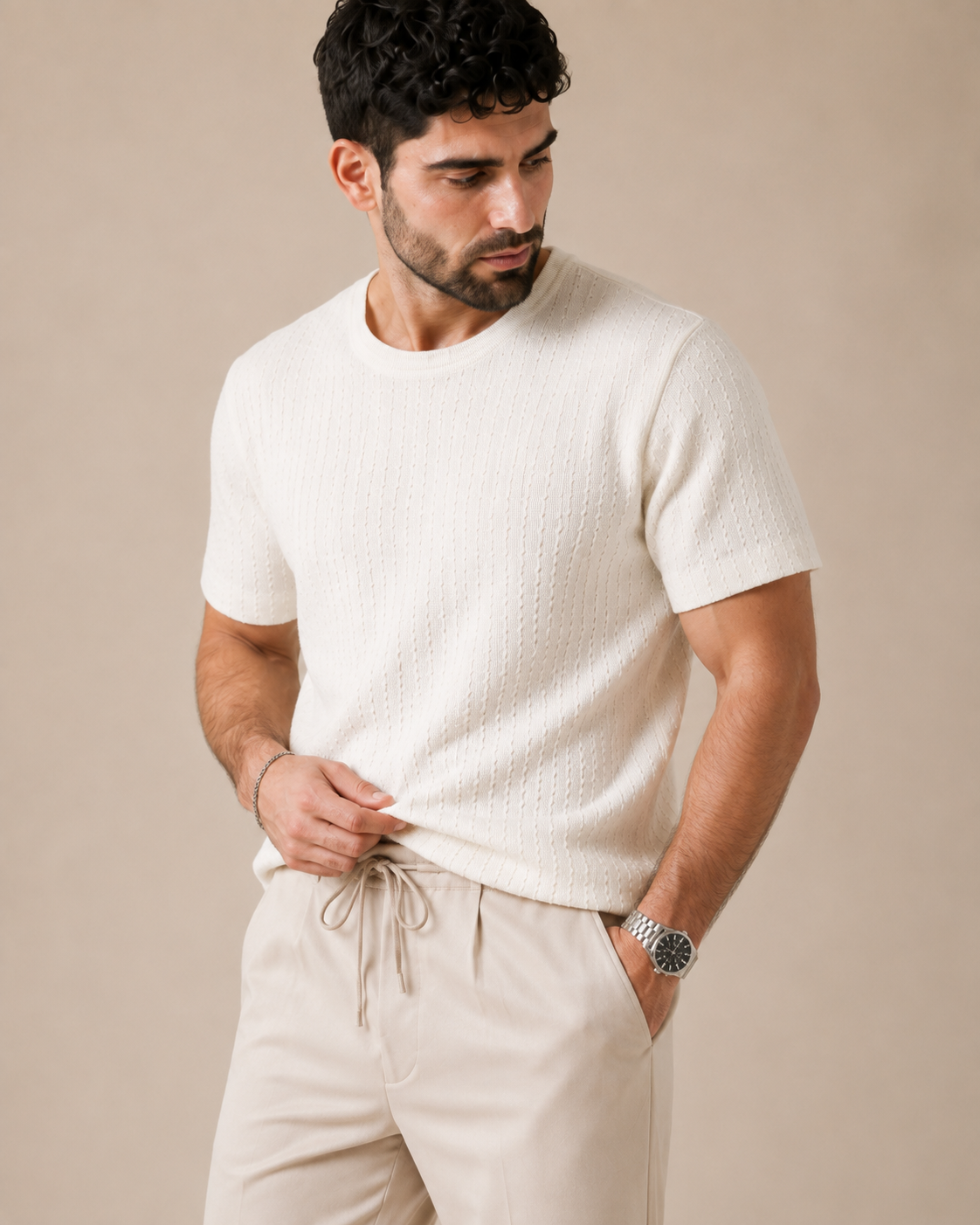 Soft Hours — White Textured T-Shirt & Beige Relaxed Trousers