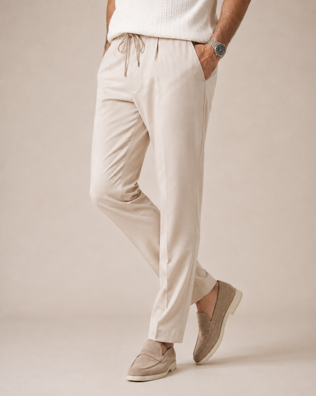 Soft Hours — White Textured T-Shirt & Beige Relaxed Trousers