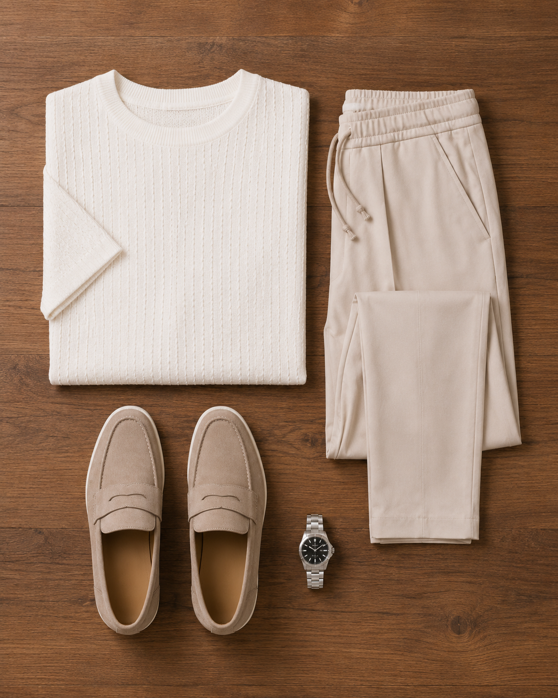 Soft Hours — White Textured T-Shirt & Beige Relaxed Trousers