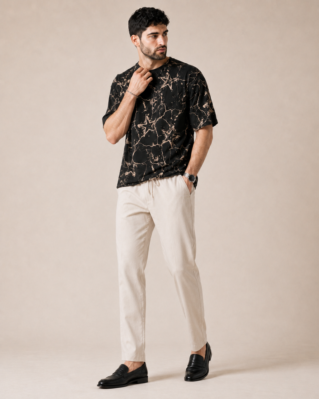 Midnight Contrast — Black Abstract T-Shirt & Off-White Relaxed Trousers