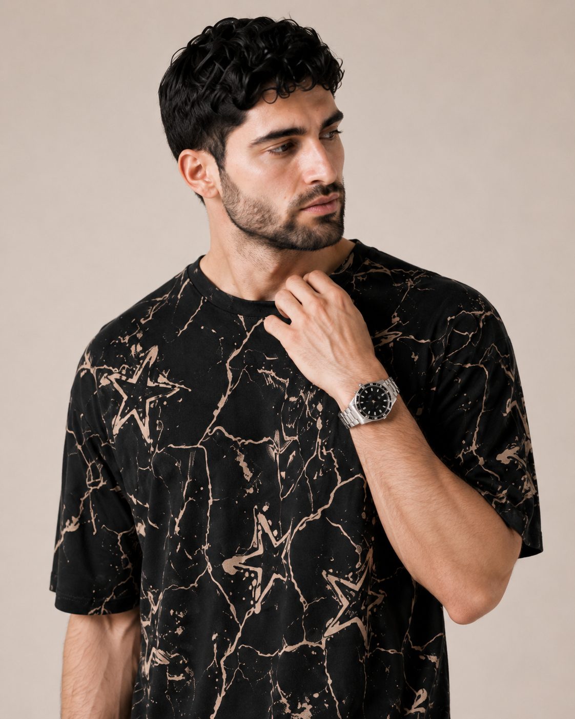 Midnight Contrast — Black Abstract T-Shirt & Off-White Relaxed Trousers