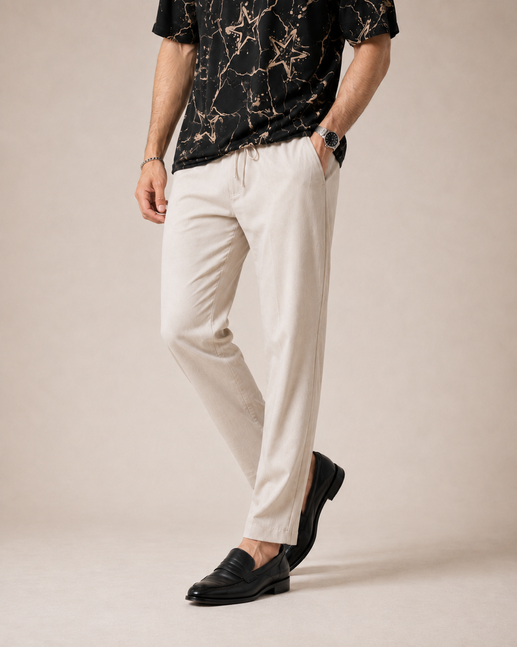 Midnight Contrast — Black Abstract T-Shirt & Off-White Relaxed Trousers