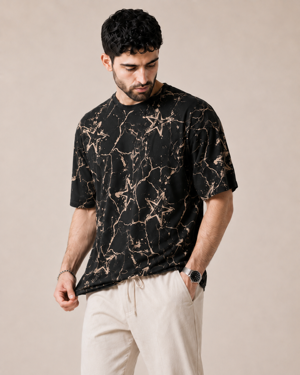 Midnight Contrast — Black Abstract T-Shirt & Off-White Relaxed Trousers