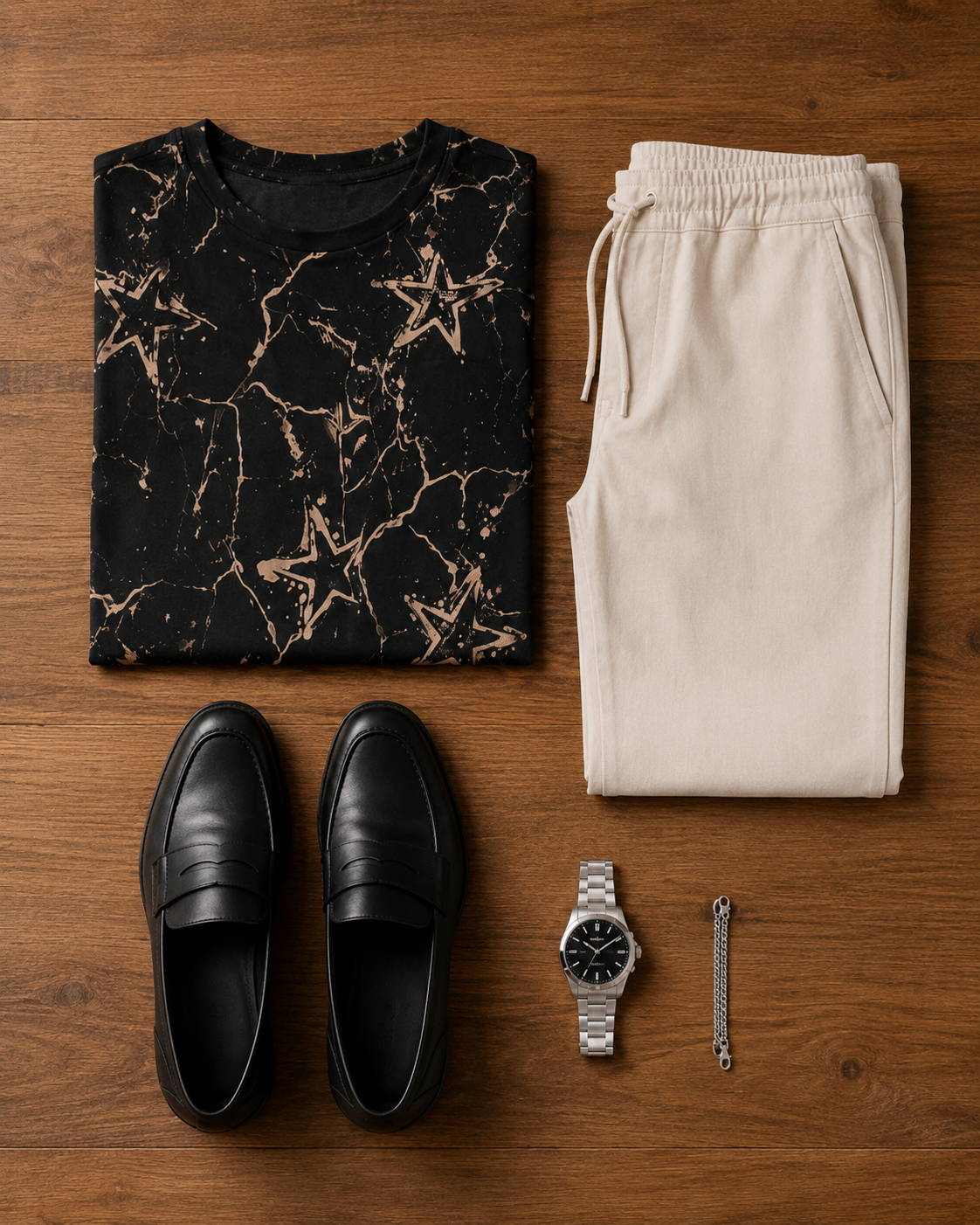 Midnight Contrast — Black Abstract T-Shirt & Off-White Relaxed Trousers