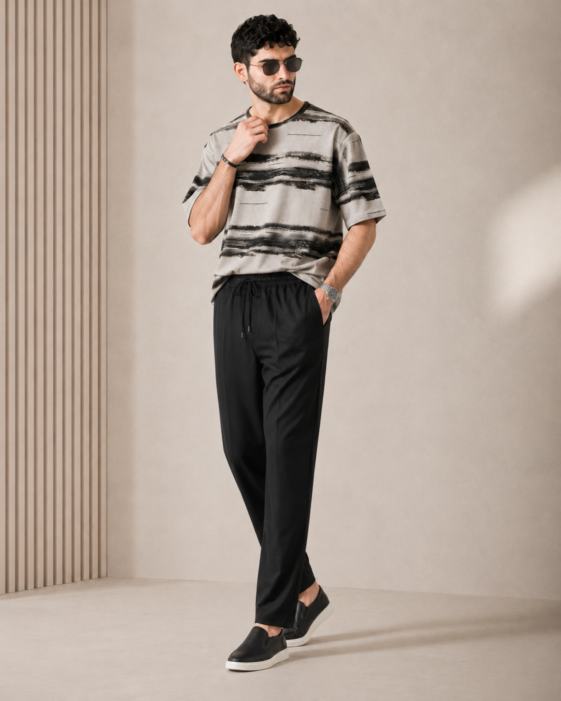 Shadow Lines — Grey Abstract T-Shirt & Black Relaxed Trousers