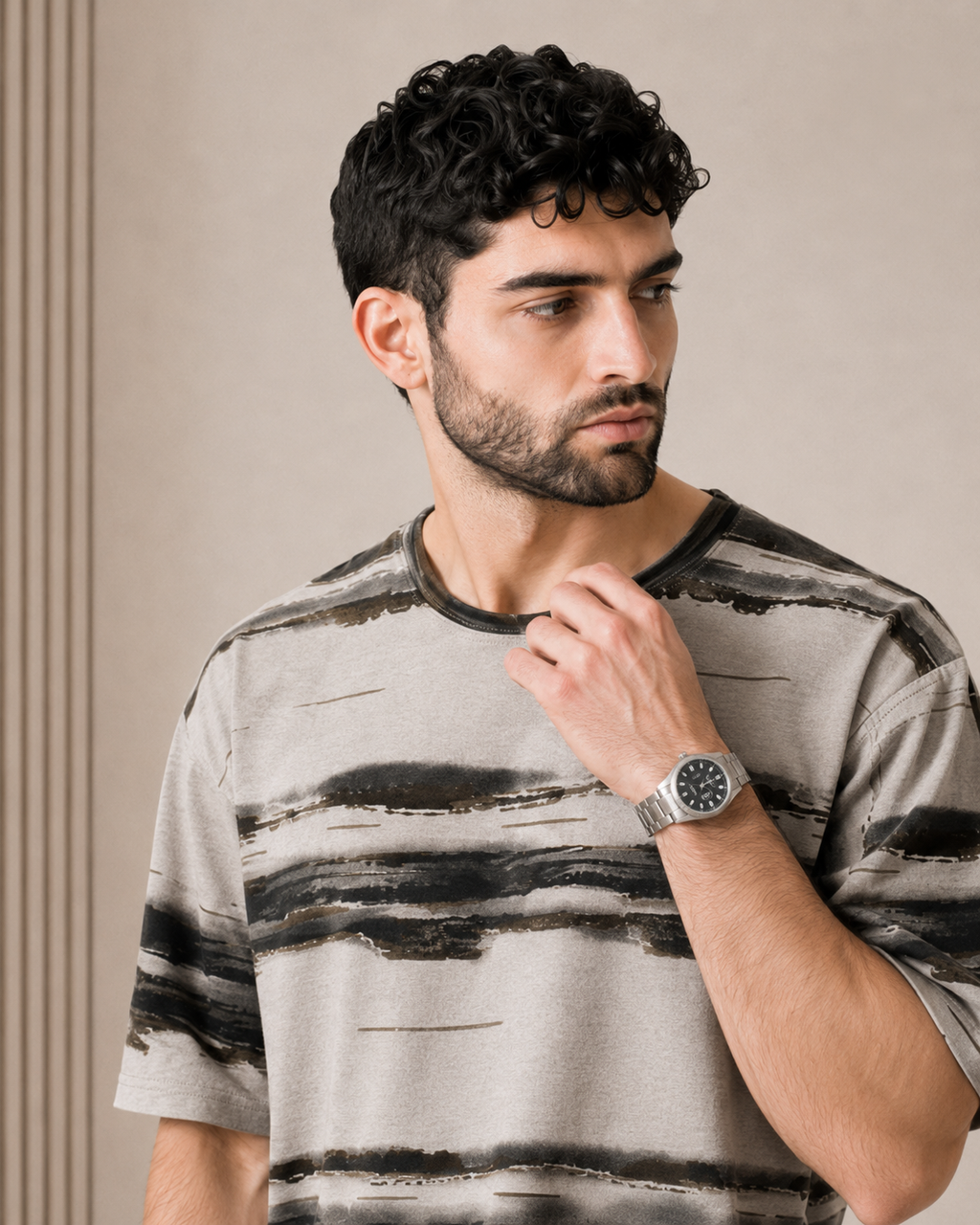 Shadow Lines — Grey Abstract T-Shirt & Black Relaxed Trousers
