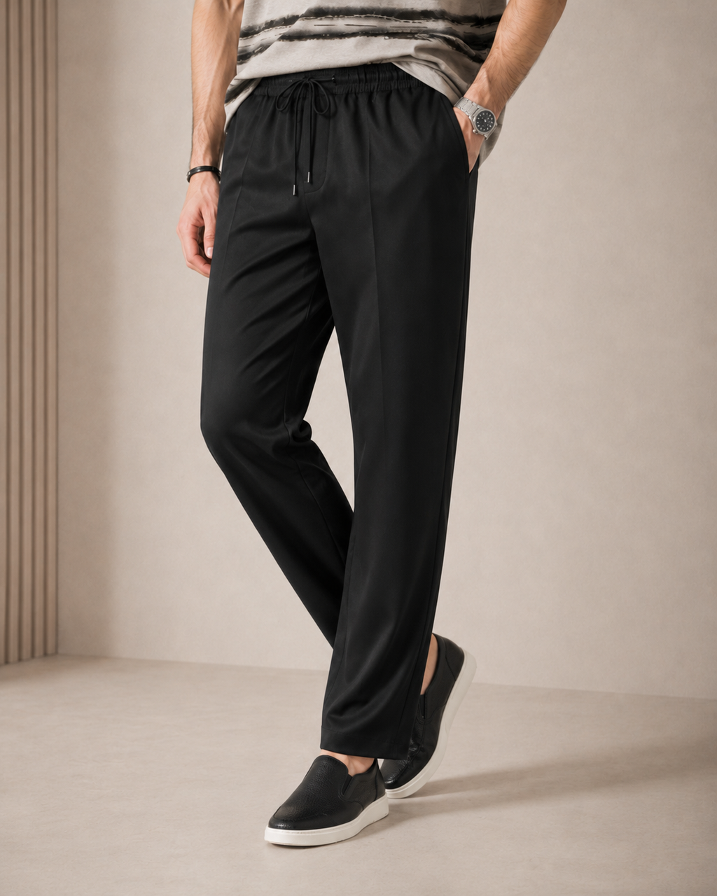 Shadow Lines — Grey Abstract T-Shirt & Black Relaxed Trousers