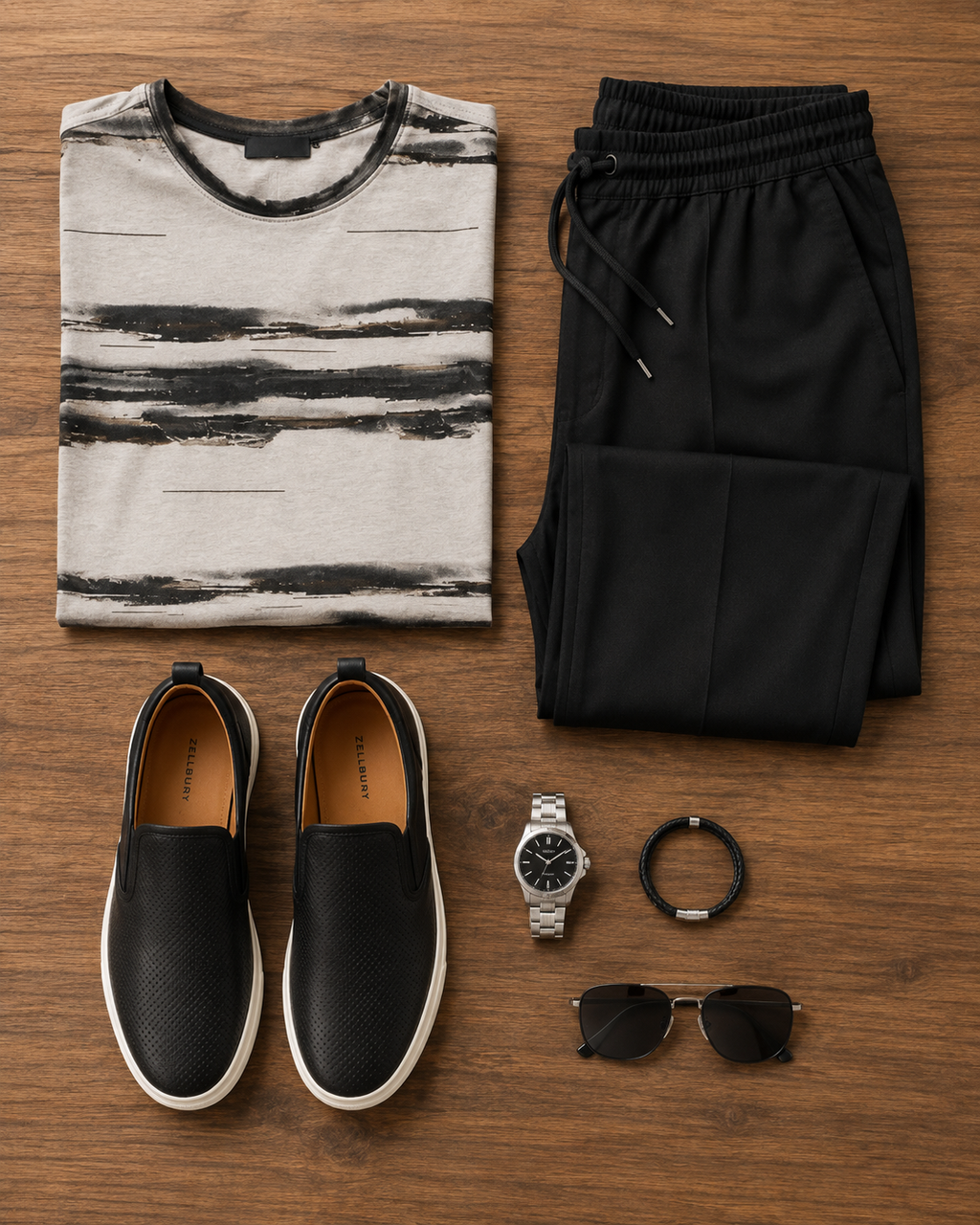 Shadow Lines — Grey Abstract T-Shirt & Black Relaxed Trousers