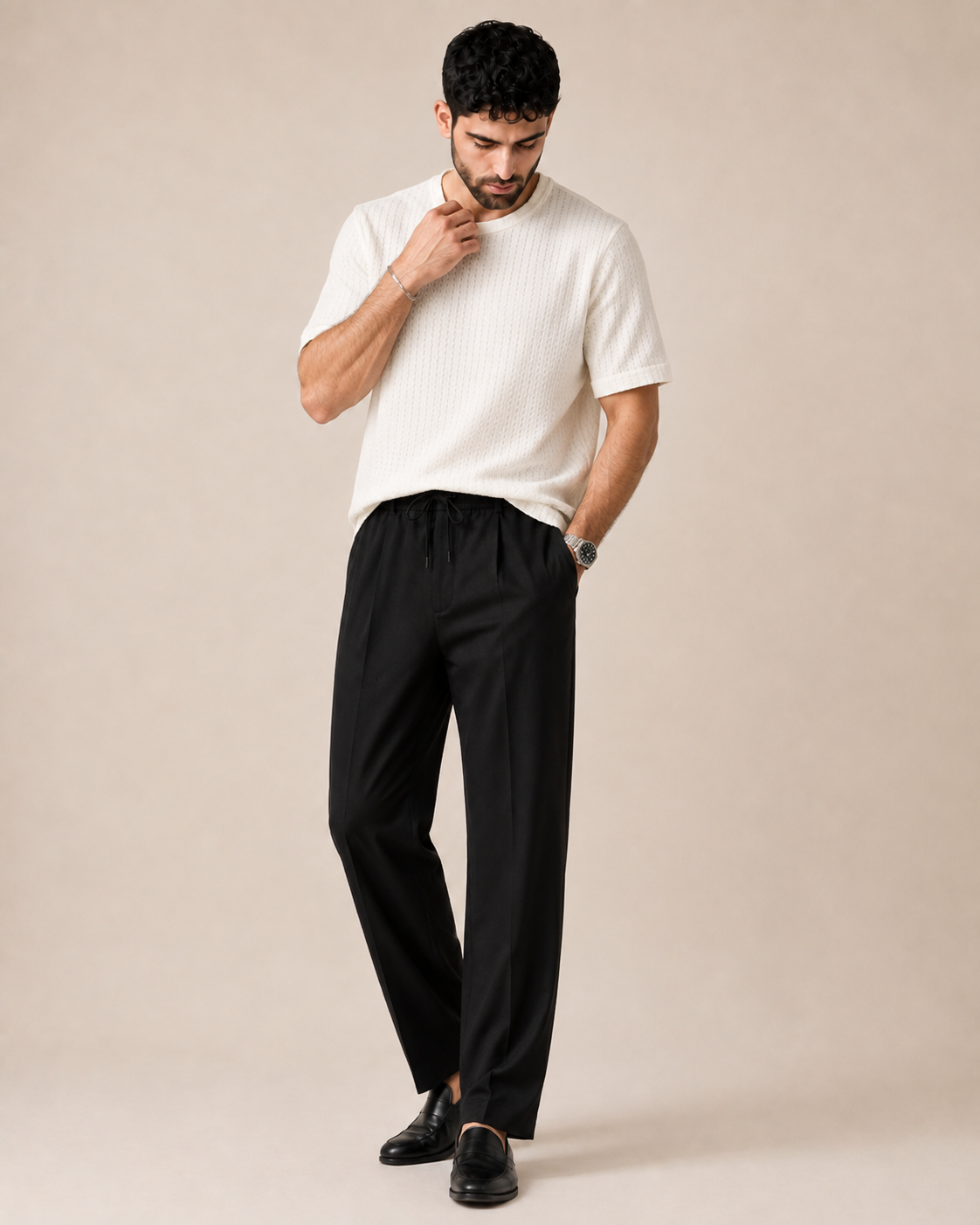 Day to Night — White Textured T-Shirt & Black Relaxed Trousers