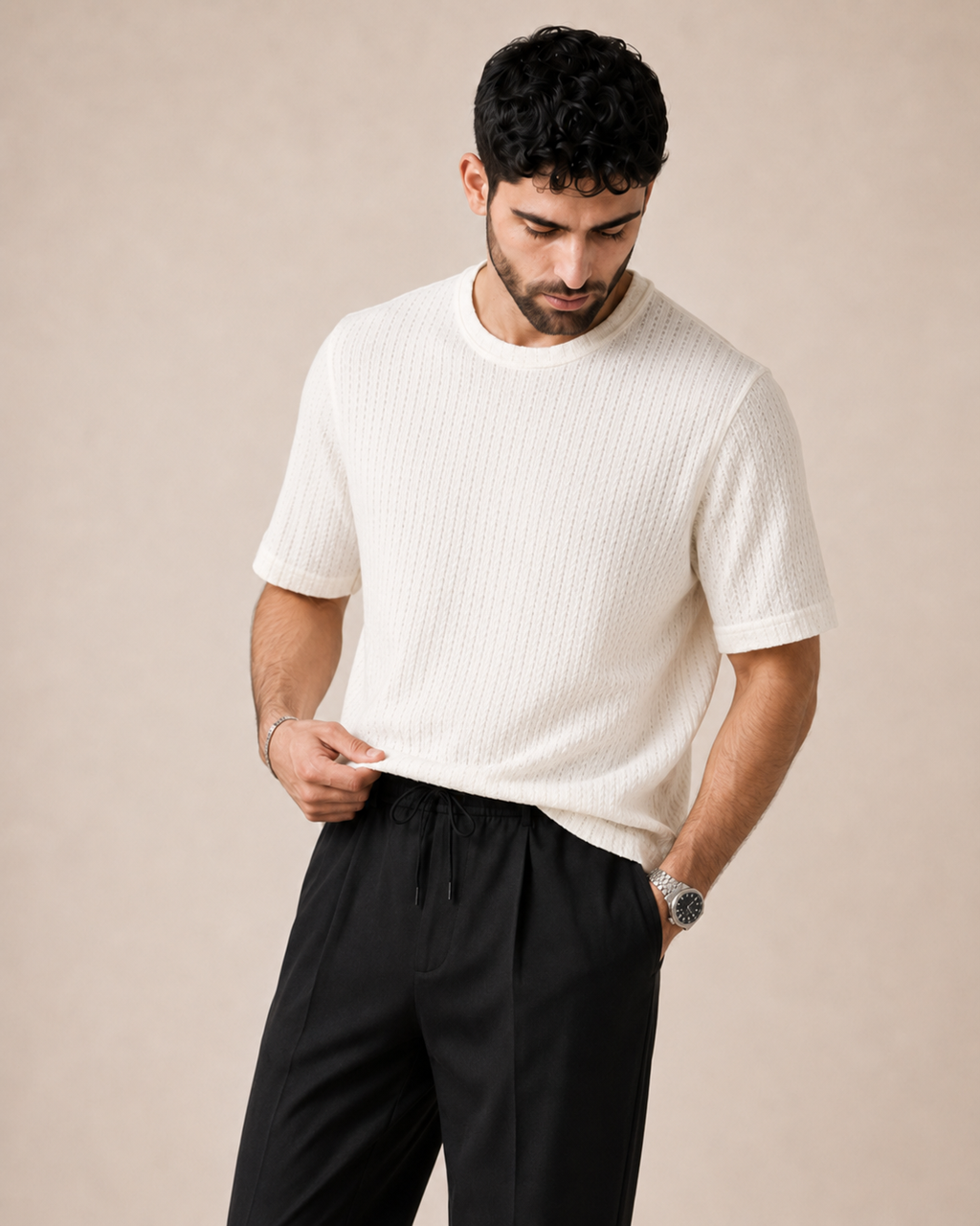Day to Night — White Textured T-Shirt & Black Relaxed Trousers