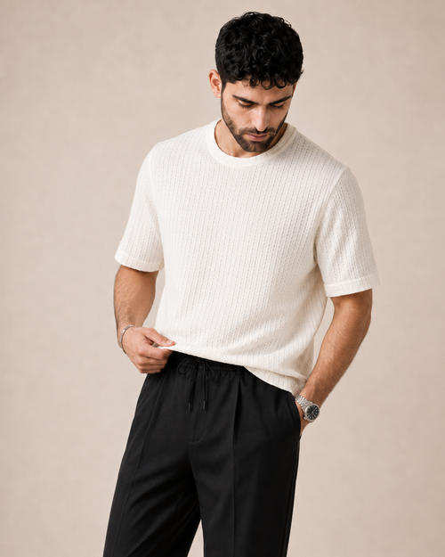 F Day to Night — White Textured T-Shirt & Black Relaxed Trousers