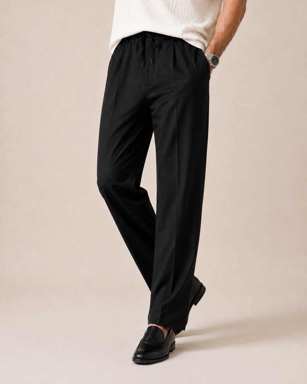 Day to Night — White Textured T-Shirt & Black Relaxed Trousers