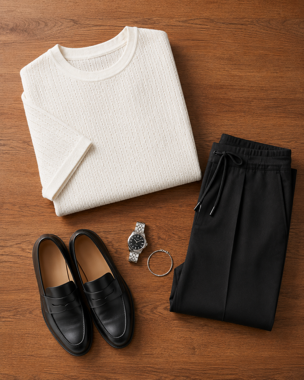 Day to Night — White Textured T-Shirt & Black Relaxed Trousers
