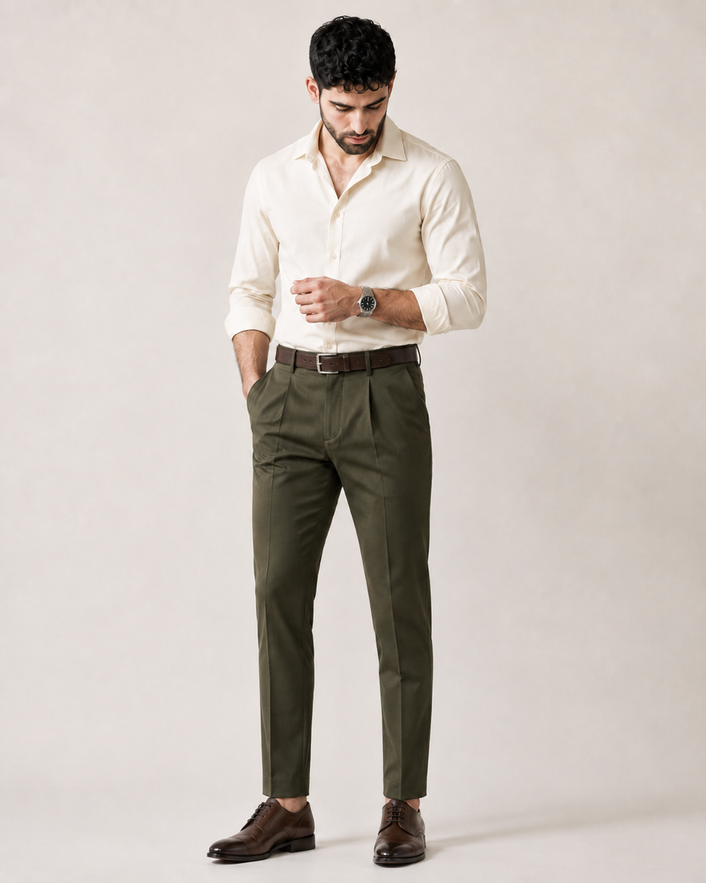 The Kaamil Signature - Warm Ivory Shirt & Deep Olive Dress Pant
