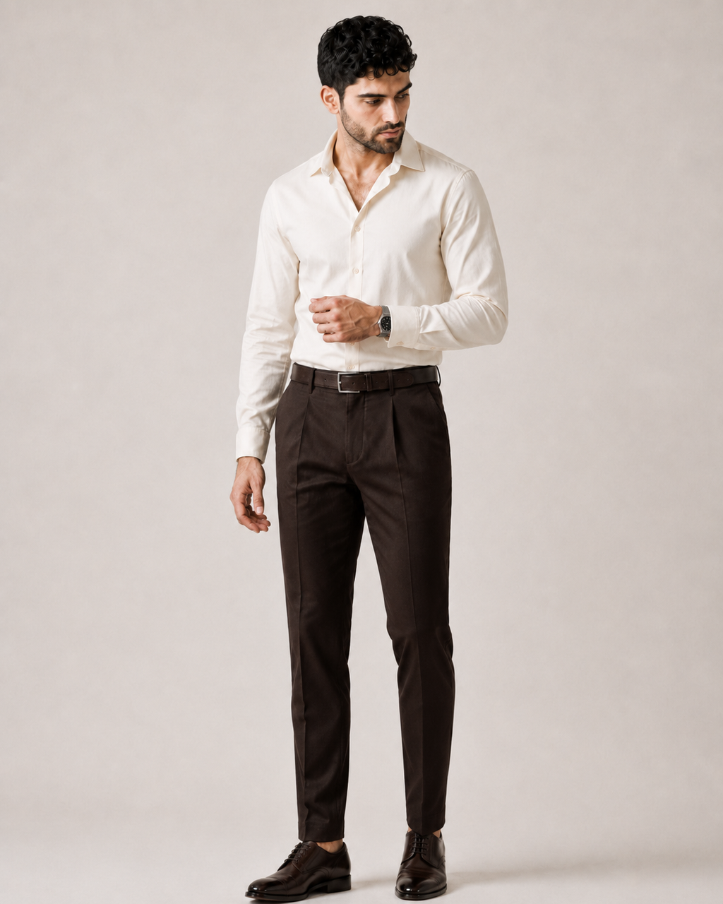The Date Night Outfit - Cream Shirt & Chocolate Dress Pant