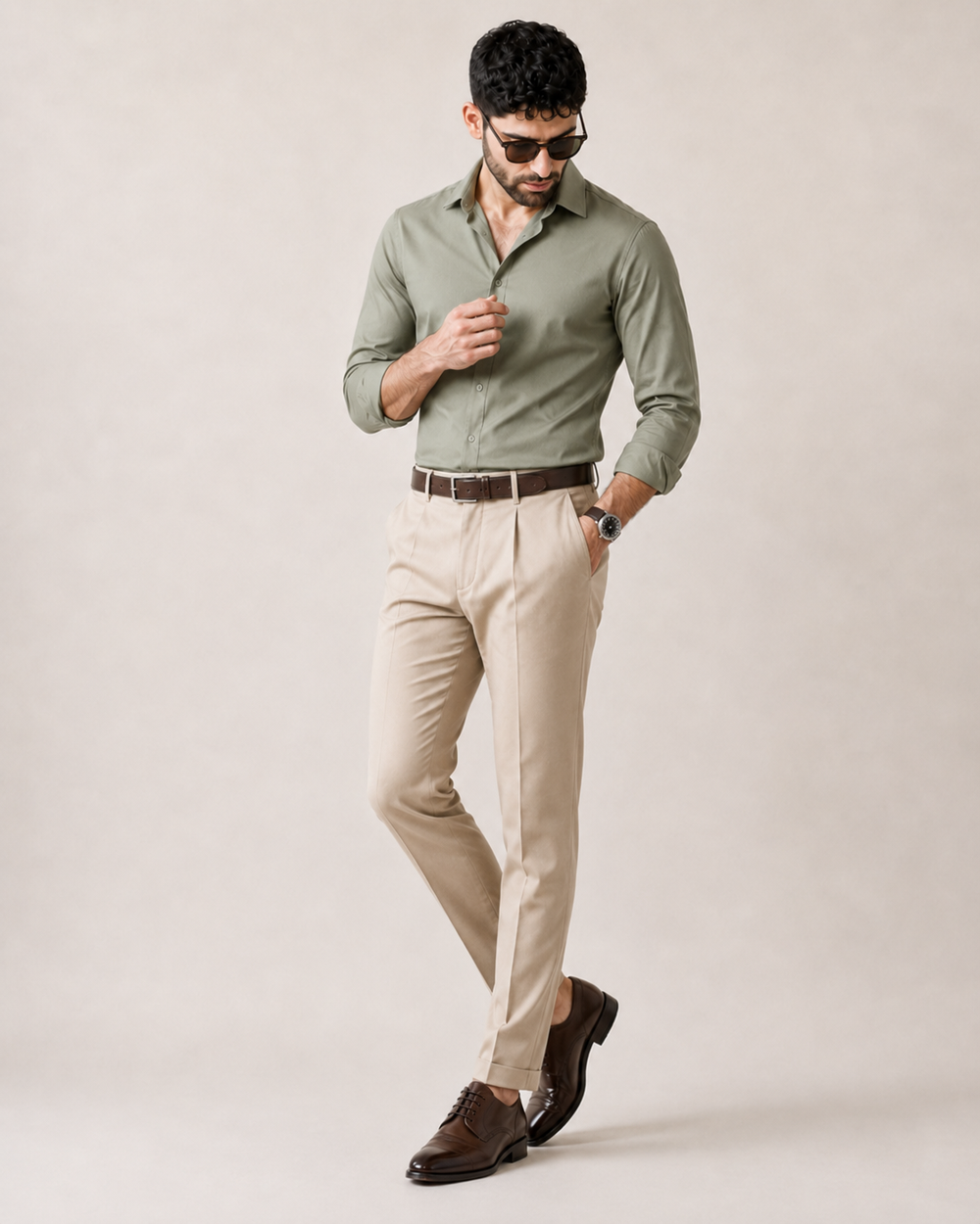 The Daytime Invite - Sage Green Shirt & Beige Dress Pant