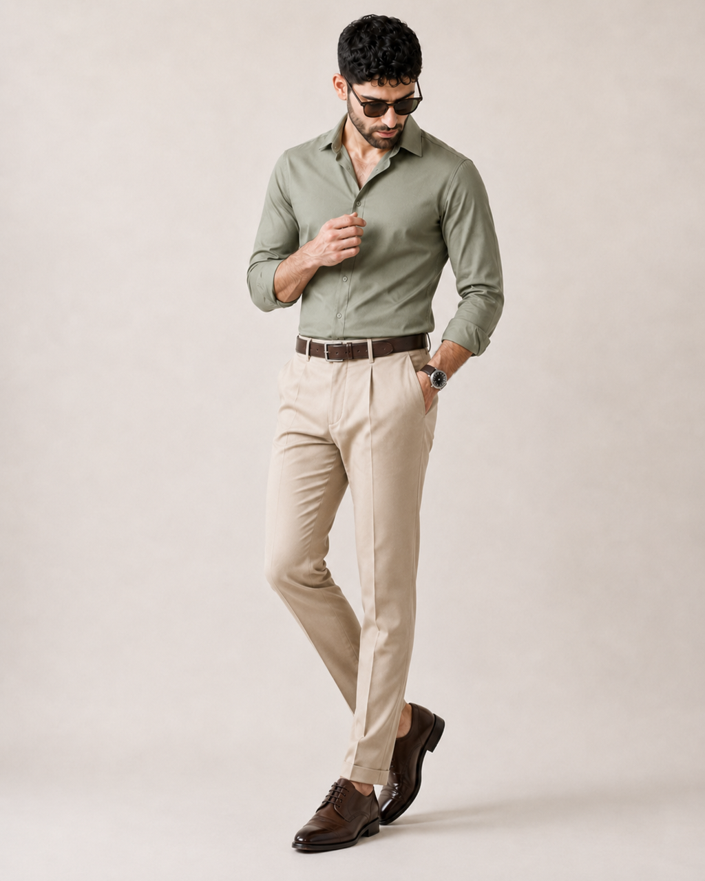 The Daytime Invite — Sage Green Shirt & Beige Dress Pant