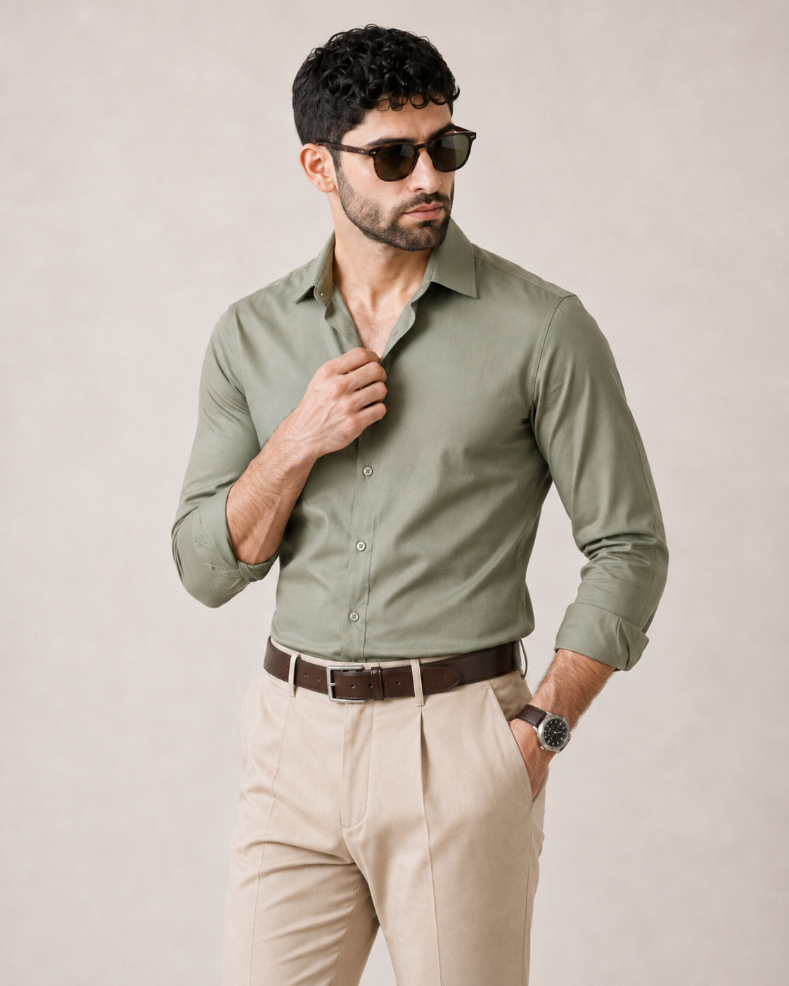The Daytime Invite — Sage Green Shirt & Beige Dress Pant