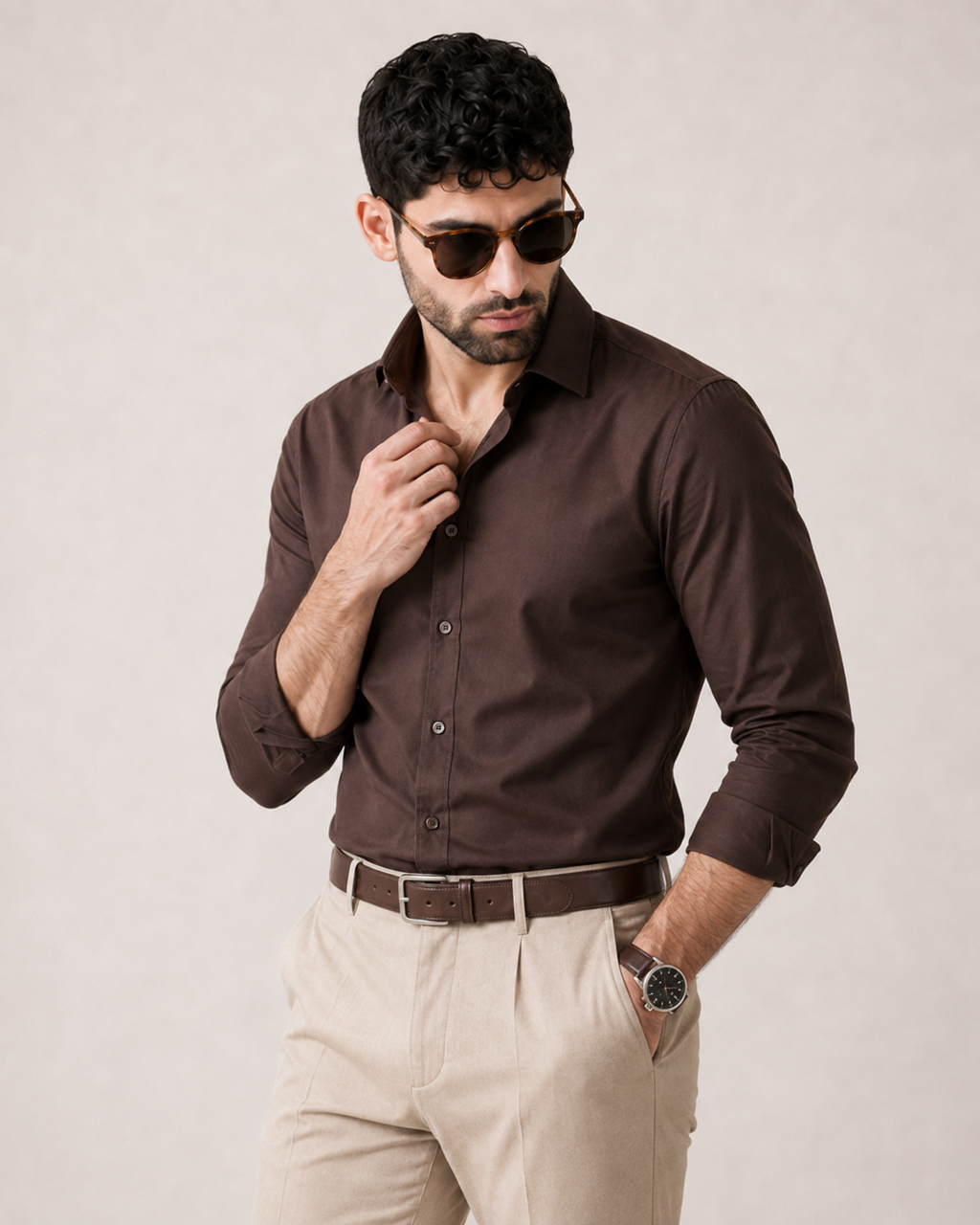 The Gentleman's Table— Chocolate Brown Shirt & Beige Dress Pant